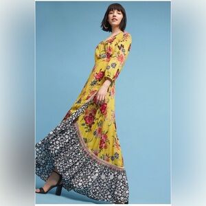 Farm Rio Sunlit Dress Yellow Floral Wrap Maxi XS Flowers Anthropologie